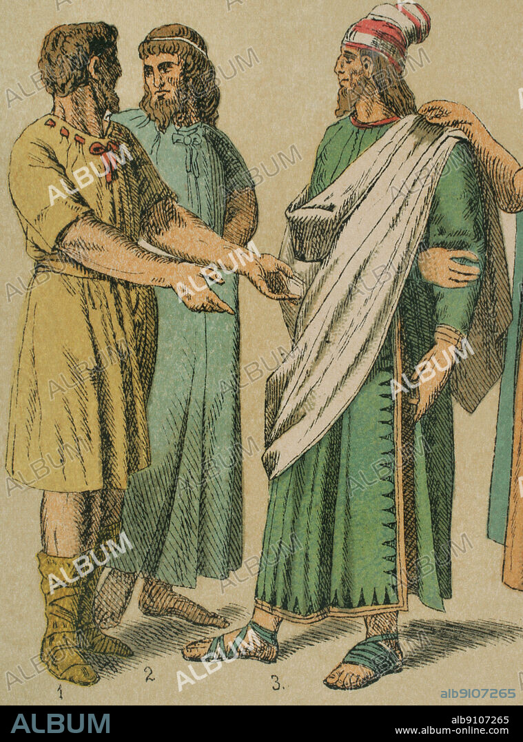 Hebreos. De izquierda a derecha, 1 y 2: camisas de hombre, 3: abrigo para reemplaza la capa. Cromolitografía. Historia Universal, por César Cantú. Tomo I, 1881.