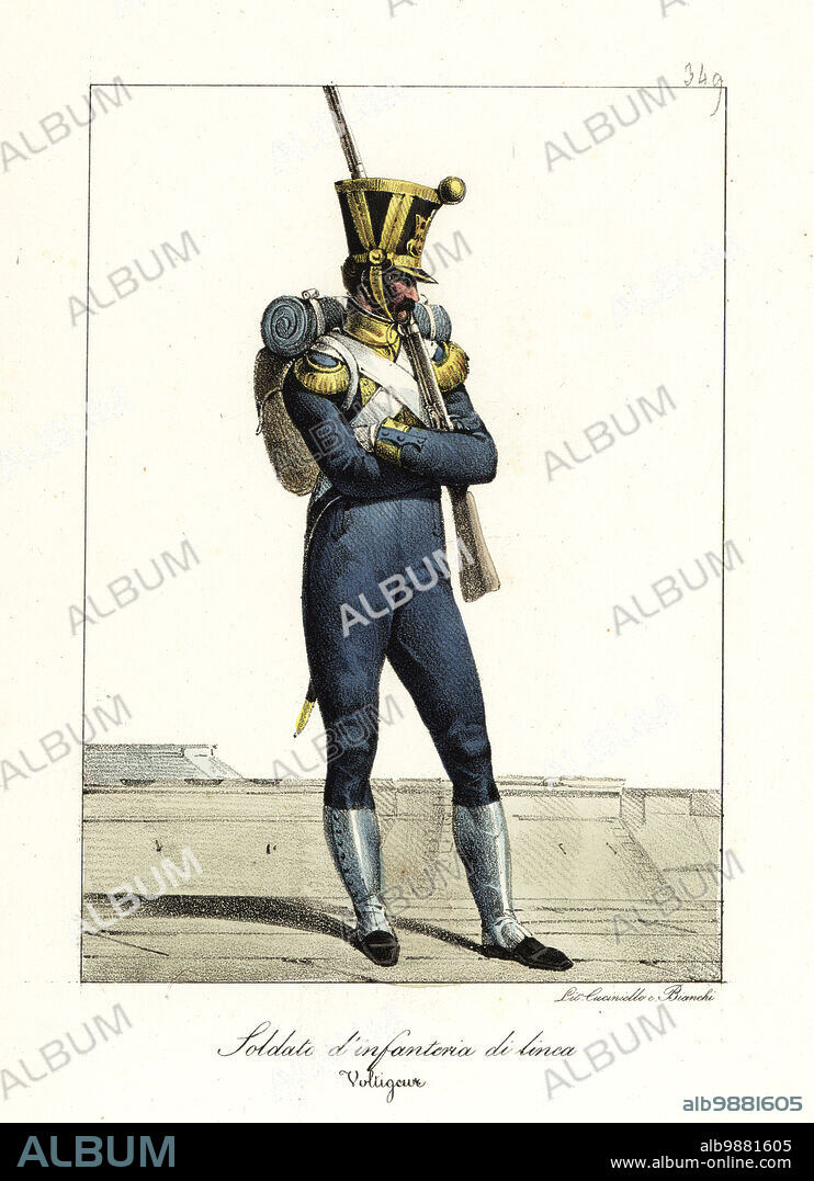 Uniform of a skirmisher in the French line infantry, Napoleon's army. In shako helmet with gold pompom, blue coat, gold epaulettes, breeches, gaiters, backpack and musket. Soldat d'Infanterie de Ligne. Voltigeur. Handcoloured lithograph by Lorenzo Bianchi and Domenico Cuciniello after Hippolyte Lecomte from Costumi civili e militari della monarchia francese dal 1200 al 1820, Naples, 1825. Italian edition of Lecomtes Civilian and military costumes of the French monarchy from 1200 to 1820.