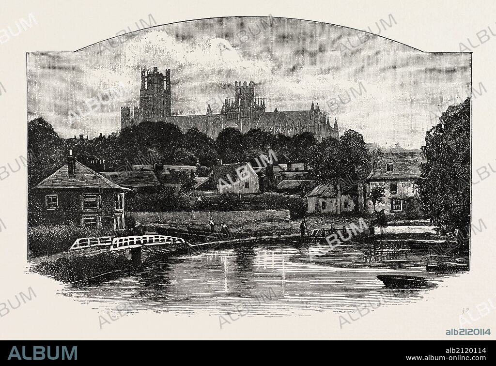 ELY CATHEDRAL, FROM THE RIVER, UK. Ely Cathedral (in full, The Cathedral Church of the Holy and Undivided Trinity of Ely) is the principal church of the Diocese of Ely, in Cambridgeshire, England, and is the seat of the Bishop of Ely and a suffragan bishop, the Bishop of Huntingdon. It is known locally as the ship of the Fens, because of its prominent shape that towers above the surrounding flat and watery landscape.