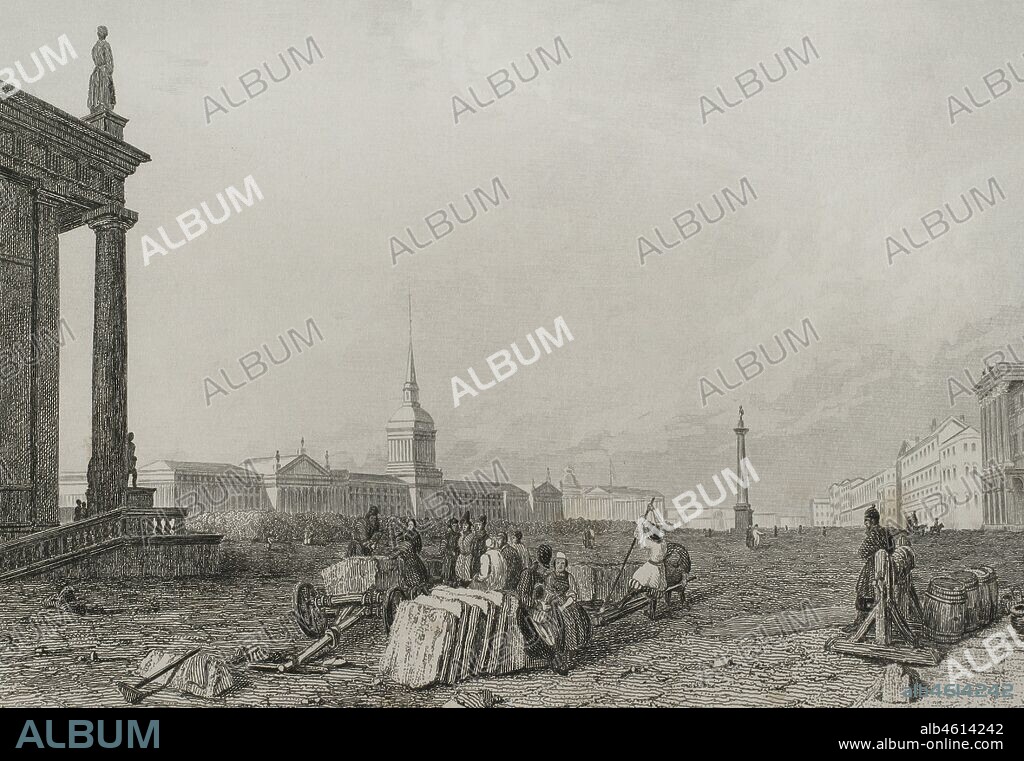 Rusia. San Petersburgo. Plaza del Almirantazgo. Al fondo el edificio de la Escuela de Almirantes Imperiales Rusos o Almirantazgo. Grabado por Lemaitre. Historia de Rusia por Chopin. Panorama Universal, edición española de 1839.