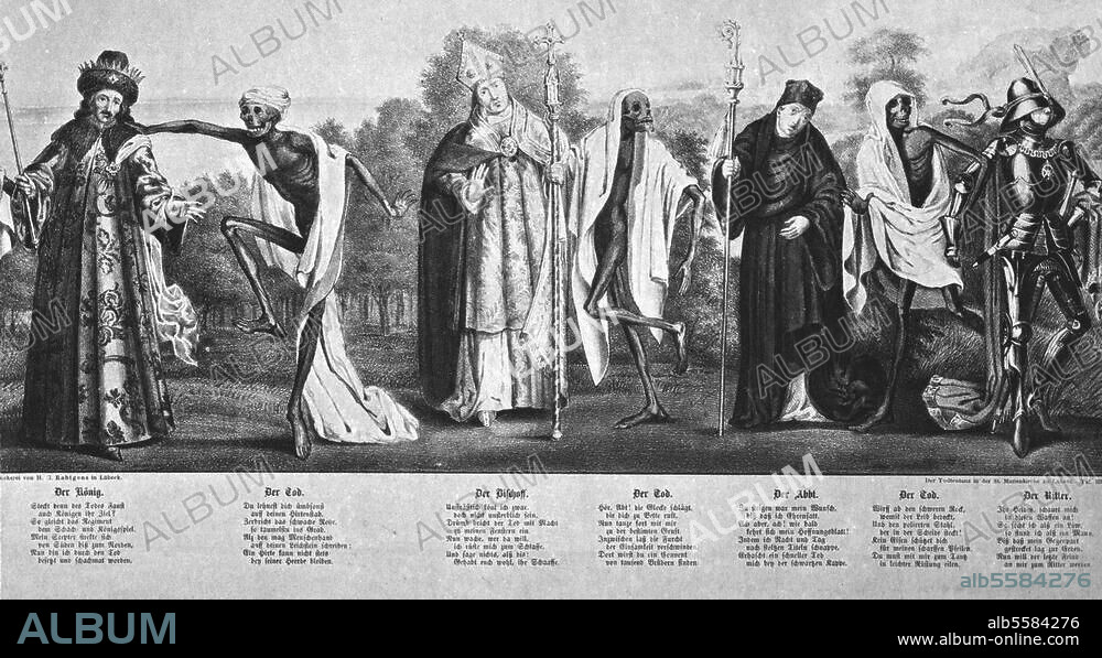 BERNT NOTKE. Notke, Bernt; German artist. c. 1440-1509. "Dance of Death", c. 1463/66. Detail: King / Bishop / Abbot / Knight. Lithograph after a painting (Copy, 1701 by Anton Wortmann). Formerly Lübeck, Marienkirche, destroye in the Second World War.
