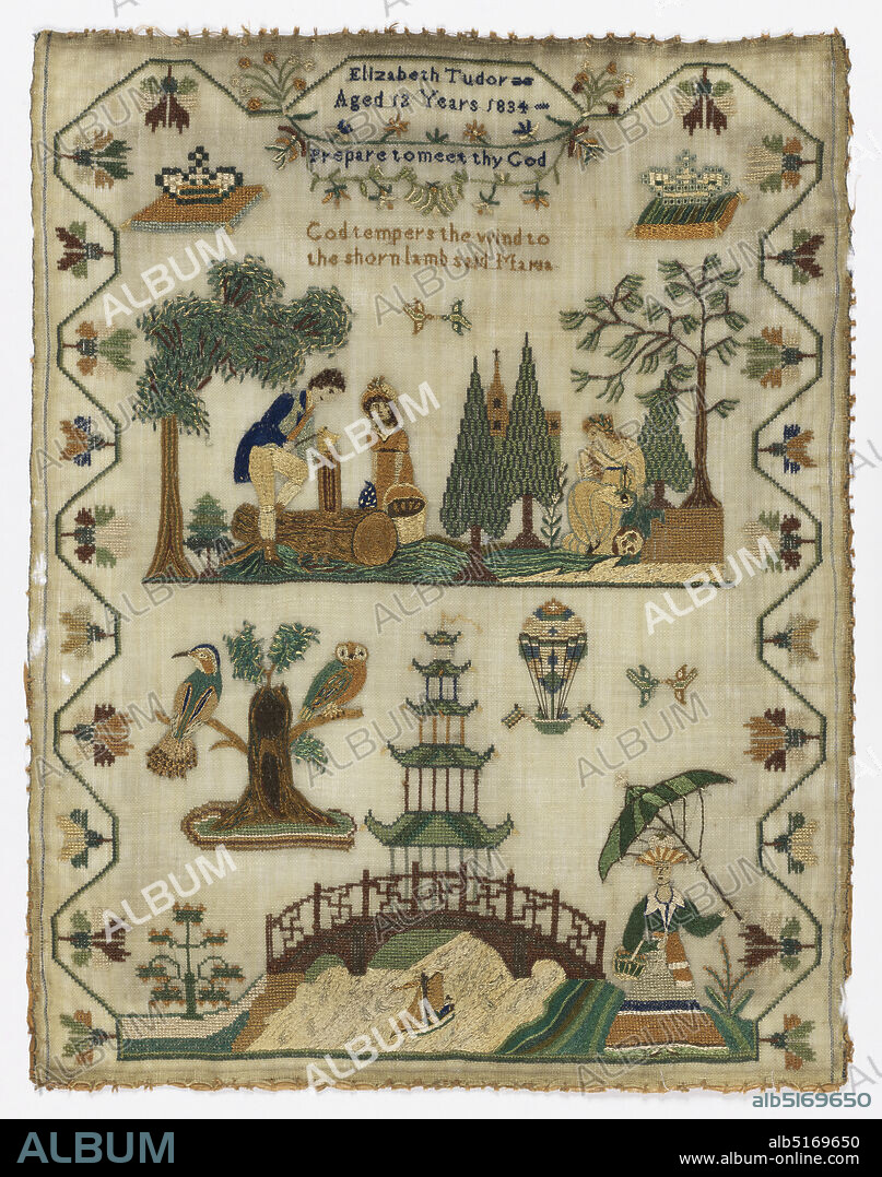 Sampler, Elizabeth Tudor, English, b.1822, Medium: silk and human hair embroidery on wool foundation Technique: embroidered in cross, stem, satin, eyelet, buttonhole, half cross, knot, and running stitching on plain weave foundation, Two scenes and a short text within a curving floral border. Top central scene is an illustration of a scene in Laurence Sterne's book 'A Sentimental Journey' showing the dejected character, Maria, as she is described in the book. The book is quoted: 'God tempers the wind to the shorn lamb said Maria.' The bottom scene shows a pagoda over a bridge, a woman holding a parasol and a basket, and two owls sitting in a tree. A balloon carrying two passengers is rises over the pagoda. The text at the top reads, 'Elizabeth Tudor Aged 12 years 1834' and 'Prepare to meet thy God.', England, 1834, embroidery & stitching, Sampler.
