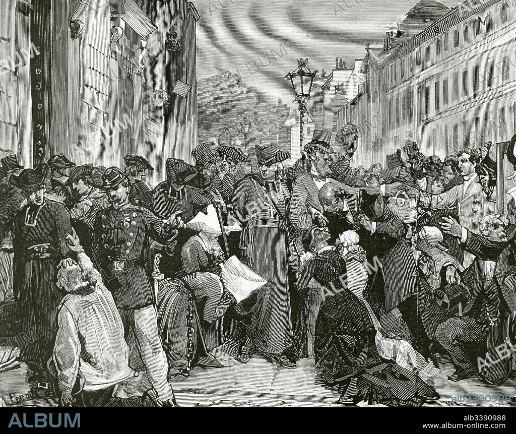 Historia de Francia. Expulsión de los jesuitas. La calle de Sèvres en París, el 30 de junio de 1885. Demostración popular de dolor y afecto al abandonar su casa los Padres jesuitas. Grabado por Rico. La Ilustración Española y Americana, 1880.
