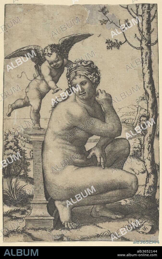 Venus crouching by a plinth on top of which stands Cupid. Artist: Marcantonio Raimondi (Italian, Argini (?) ca. 1480-before 1534 Bologna (?)); After Francesco Francia (Italian, Bologna ca. 1447-1517 Bologna). Dimensions: 8 9/16 x 5 9/16 in.  (21.7 x 14.2 cm). Date: ca. 1510-27.