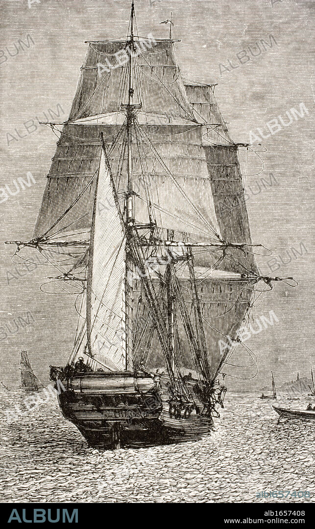 The brig HMS Beagle from Journal of Researches by Charles Darwin published by Nelson & Sons 1890.