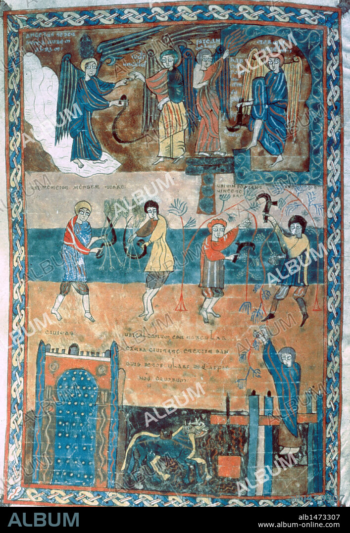 ARTE MOZARABE. ESPAÑA. SIGLO X. BEATO DE VALCAVADO. Códice miniado sobre los comentarios que el BEATO DE LIEBANA (? -798) realizó en el s. VIII al Apocalipsis de San Juan. Fechado en el año 970. Detalle de una página miniada que representa la SIEGA Y LA VENDIMIA. Biblioteca del Colegio de Santa Cruz. Valladolid. Castilla-León.