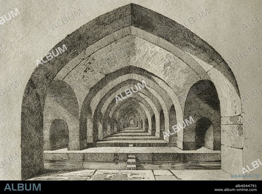 Persia, Isfahan. The Allahverdi Khan Bridge, also called Si-o-se-pol. It was built over the Zayanderud River, between 1599 and 1602 under the reign of Abbas I. Its construction was supervised by Allahverdi Khan Undiladze, commander in chief of the armies. Engraving by Lemaitre, depicting one of the deck levels of the bridge. Panorama Universal. History of Persia, 1851.