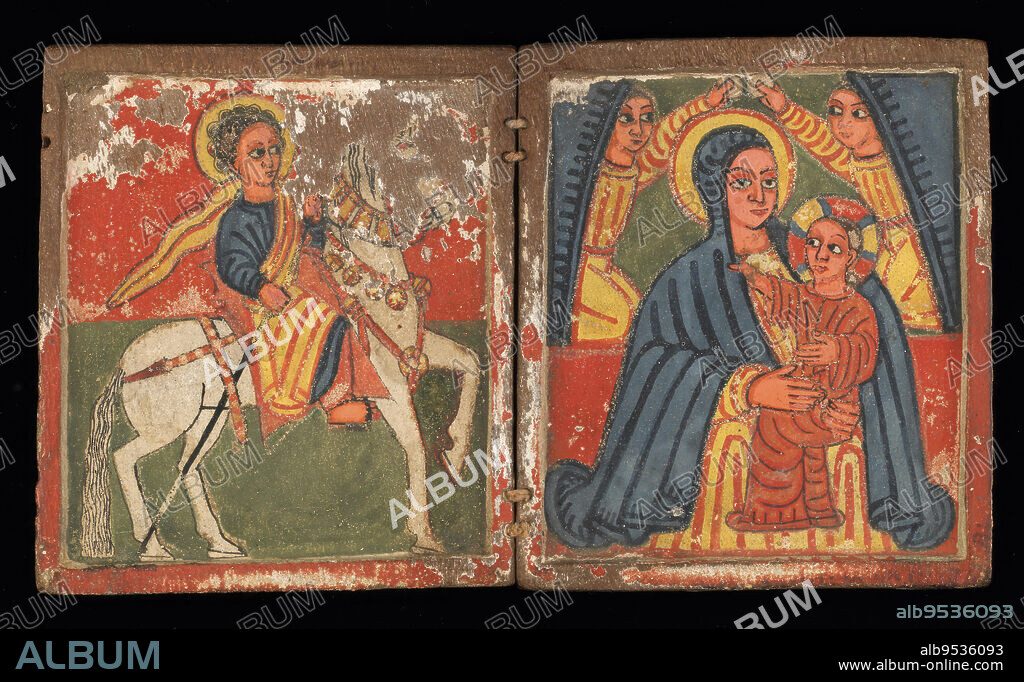 Two panel painting, distemper on gesso on wood. The left panel depicts a saint on a white horse on a red and green background. The right panel depicts Mary in a blue robe holding the Christ child in a red robe, flanked by angels with blue wings. The angels hold small disks. There is paint loss in the area of the horse's head. Fragments of green and red distemper on gesso remain on the exterior of the panels. Date: late 16th-early 17th century. Maker: Ethiopian Orthodox. Distemper and gesso on wood.