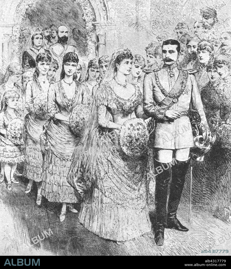 'The Marriage of Princess Beatrice with Prince Henry of Battenberg At Whippingham Church, July 23, 1885', (1901). Prince Henry of Battenberg (1858-1896) married Beatrice (1857-1944), the youngest daughter of Queen Victoria, at St Mildred's Church, Whippingham, Isle of Wight. From "The Illustrated London News Record of the Glorious Reign of Queen Victoria 1837-1901: The Life and Accession of King Edward VII. and the Life of Queen Alexandra". [London, 1901].
