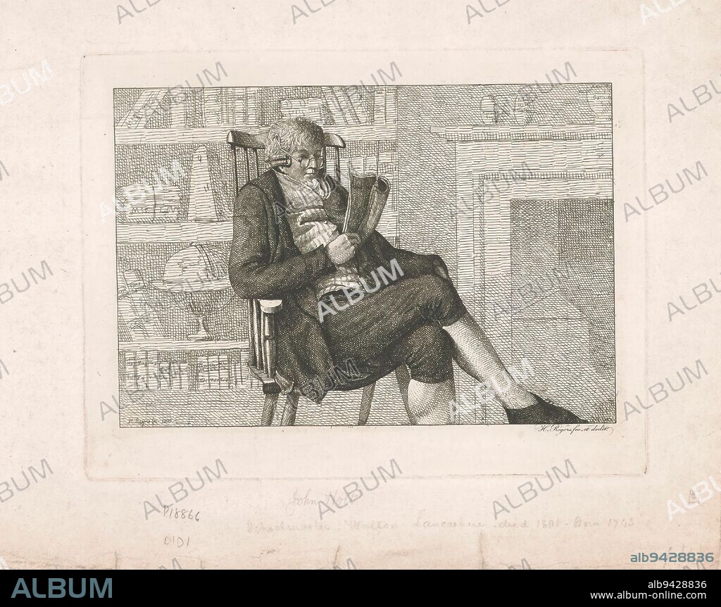 Portrait of John Holt, Mr. John Holt (title on object), Portrait of historian John Holt in a chair, reading a magazine. In the background a bookcase and a fireplace., print maker: H. Rogers, (mentioned on object), 1809, paper, etching, height 196 mm × width 259 mm.