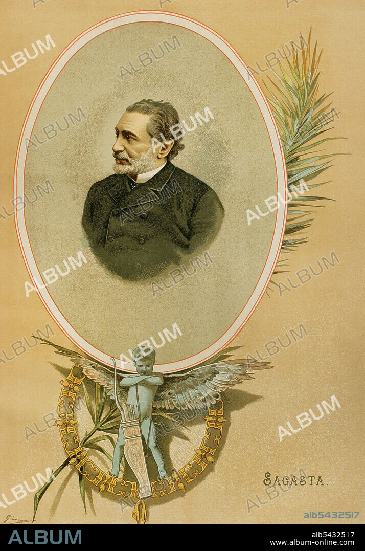 Práxedes Mateo Sagasta (1825-1903). Político español. Jefe del Partido Liberal-Progresista. Presidente del Consejo de Ministros en diversas ocasiones entre 1870 y 1902. Cromolitografía. Historia General de España, por Miguel Morayta. TomoVIII. Madrid, 1894.
