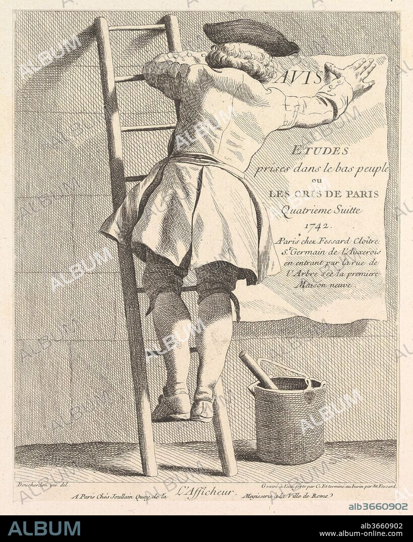 COMTE DE CAYLUS ANNE CLAUDE PHILIPPE DE TUBIÈRES and AFTER EDME BOUCHARDON. The Sign Poster. Artist: Anne Claude Philippe de Tubières, comte de Caylus (French, Paris 1692-1765 Paris); After Edme Bouchardon (French, Chaumont 1698-1762 Paris). Dimensions: image: 9 x 7 1/16 in. (22.9 x 18 cm)
sheet: 9 3/8 x 7 1/8 in. (23.8 x 18.1 cm). Series/Portfolio: Études Prises dans le Bas Peuple où les Cris de Paris: Quatrième Suite. Date: 1742.