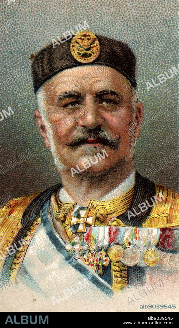 Nicholas I of Montenegro (1841-1921) in military uniform. King of Montenegro 1910-1918. First World War. Chromolithograph.