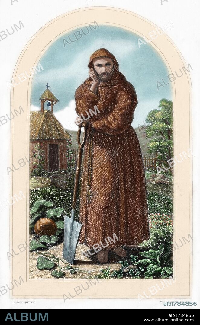 SAN FIACRE O SAN FIACRIO. Monje y ermitaño irlandés del siglo VII. Patrón de los jardineros. Grabado coloreado del siglo XIX.