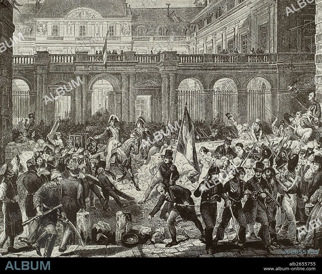 France. Paris. July Revolution.1830. Louis-Philippe,  Duke of Orleans going from the Royal Palace to the town hall, July 31, 1830. Engraving.