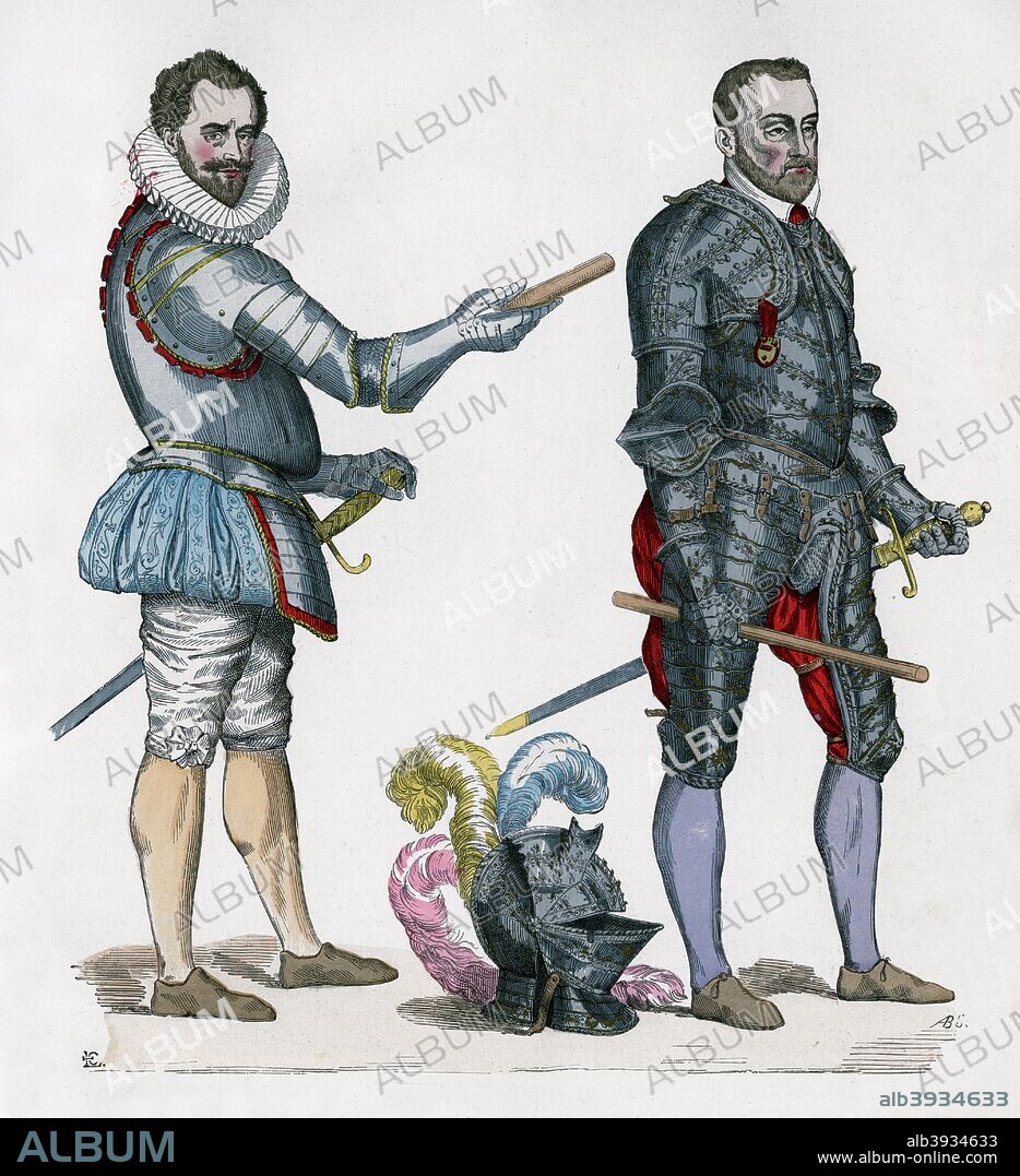 Henry I, Duke of Guise, 1580, and Francis de Montmorency, 1576 (1882-1884). Guise as a general of infantry, and Montmorency as Marshal of France. Henry (1550-1588) was the founder of the Catholic League and a prominent figure on the Catholic side in the French Wars of Religion. He was one of the instigators of the St Bartholomew's Day Massacre of Protestants in 1572. The Montmorency family were rivals of the Guises. Francis (1530-1579) was made a Marshal of France in 1559. He was a cousin of Gaspard de Coligny, the Protestant leader killed in the St Bartholomew's Day Massacre. He was appointed to court by King Charles IX in 1574 but was compelled to leave due to the hatred between himself and Guise. A print from La France et les Français à Travers les Siècles, Volume III, F Roy editor, A Challamel, Saint-Antoine, 1882-1884.