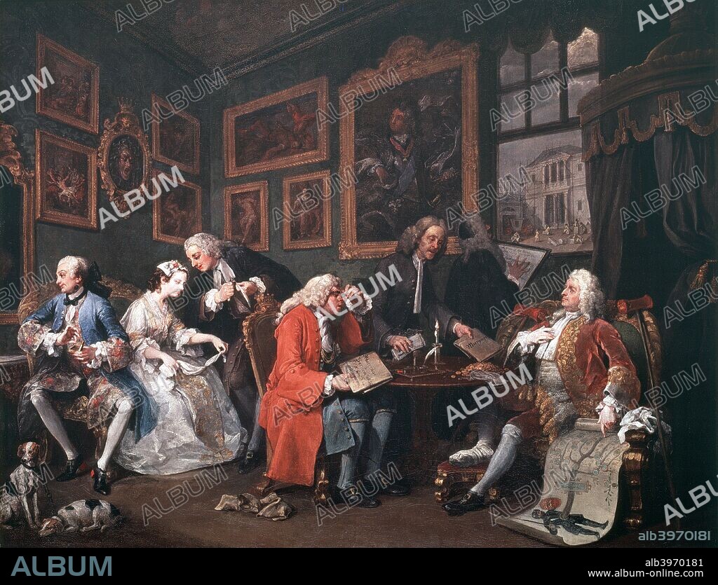 'Marriage a la Mode: 1, The Marriage Contract', 1743. The ageing Earl Squander, proud of his family tree but in need of money to maintain his position, is arranging the marriage of his son to the daughter of a wealthy city merchant.  The young couple show no interest in each other, the bride plays with the ring threaded on her handkerchief, while the groom takes a pinch of snuff while admiring himself in a mirror. From the National Gallery, London.