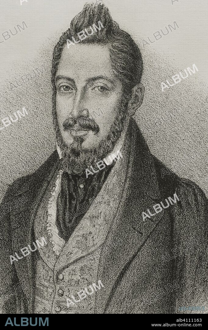 Mariano Jose de Larra y Sanchez de Castro (1809-1837). Spanish writer, journalist and politician. He belonged to the literary movement of Romanticism. Drawing by Jose Cebrian. Portrait. Detail. Lithography. Cronica General de Espa–a, Historia Ilustrada y Descriptiva de sus Provincias. Castilla-La Nueva, 1869.