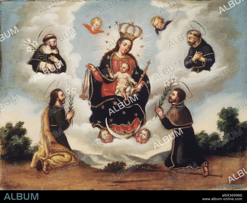 Our Lady of the Rosary with Saints, Mexican, Oil on stone, tecali, Mexico, 18th century, Colonial Period, 11 1/4 x 14 7/16 x 3/4 in., 28.6 x 36.7 x 1.9 cm, baby, Cloud, colonial, Crescent Moon, Crown, devotion, jesus, landscape, lily, Madonna with Child, mary, Mexican, Oil, Our Lady of the Rosary, Painting, putti, religious, rosary, saints, sceptre, sky, spanish, Spanish Colonial, symmetrical, tonsure, Virgin Mary.