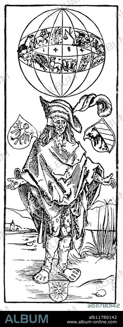 ASTROLOGY - ZODIAC - MEDICAL - SATELLITIUM. 'The Syphilitic Man' - a woodcut attributed to the German artist, Albrecht Dürer, for a broadsheet written by the physician, Theodoricus Ulsenius, who had a dream that Syphilis (then the scourge of Europe) had its origins in 1484. It was, in fact, a commonplace to trace the origins of this disease to planetary influences, and this was an attempt to ascribe it to a planetary conjunction in the sign Scorpio. The image for Scorpio, in the celestial sphere above the head of the man, is marked with the Sun and Moon (beneath the Sun) and four planets - all six of which appeared in Scorpio at the same time, in what is technically called a Satellitium. The three coats of arms alongside the head of the figure are the arms of Nuremberg, and that at his feet is the coat of arms of Ulsenius himself. The woodcut was executed in 1496 - the date in the zodiacal circle (1484) relates to the year of the conjunction in Scorpio, which occurred on 19 October of that year.