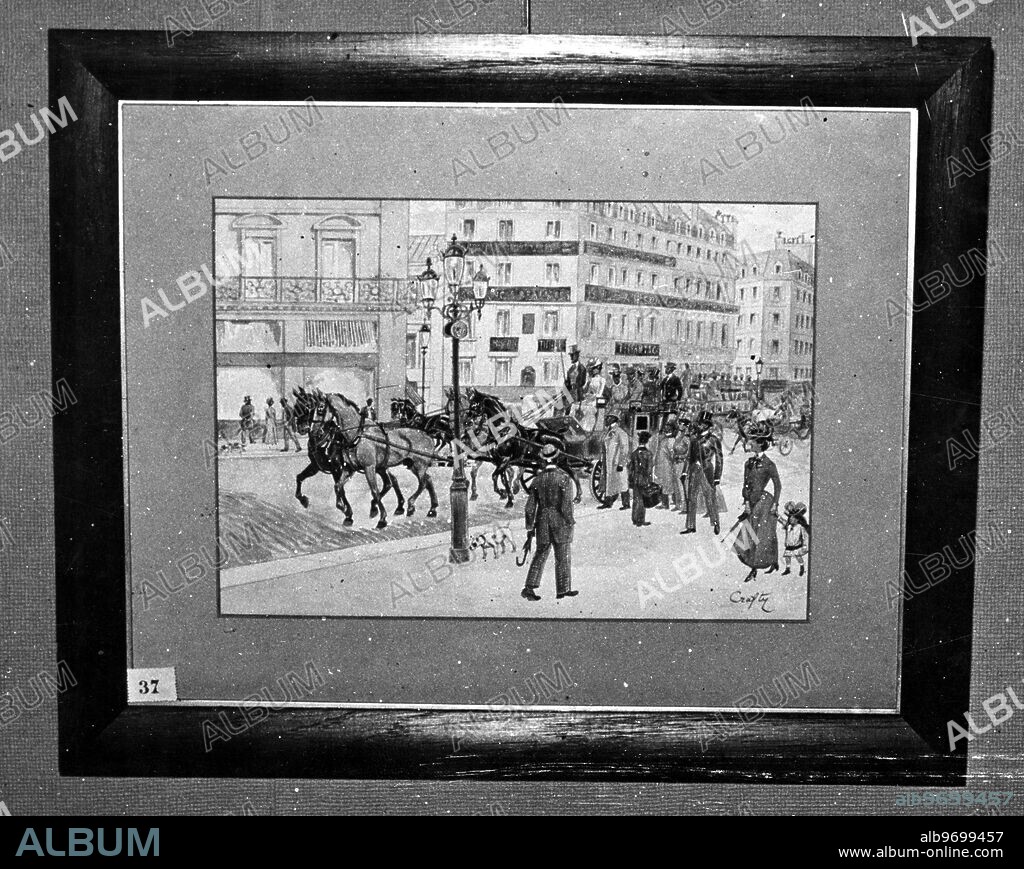 Painting by Victor Gerusez Crafty depicting James Gordon Bennett ' s old mail coach Magnet leaving the New York Herald Office at 49 avenue de l ' Opera around the turn of the century and currently being shown at the French Federation of Artists ' Exposition.