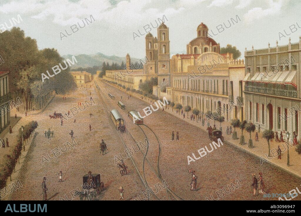 México. México D. F. Avenida de los Hombres Ilustres, actualmente llamada Avenida Hidalgo. A la derecha, la iglesia de la Santa Veracruz y la iglesia de San Juan de Dios. A la iquierda, la Alameda Central. Litografía de 1880.