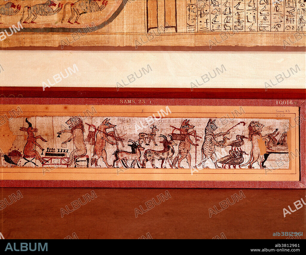 An Ancient Egyptian satirical papyrus -- drawn on a scroll with an ink brush -- depicting animals parodying a variety of human activities. British Museum, London.