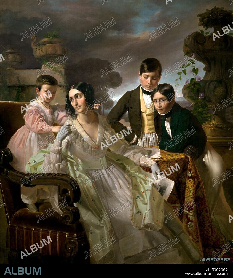 Giuseppe Molteni. 1800-1867. Family portrait. Giacomina Faà di Bruno with his son Ludovico. Lorenzo and Costanza Trotti Bentivoglio. 1842-1843. oil painting on canvas cm 150 x 120.