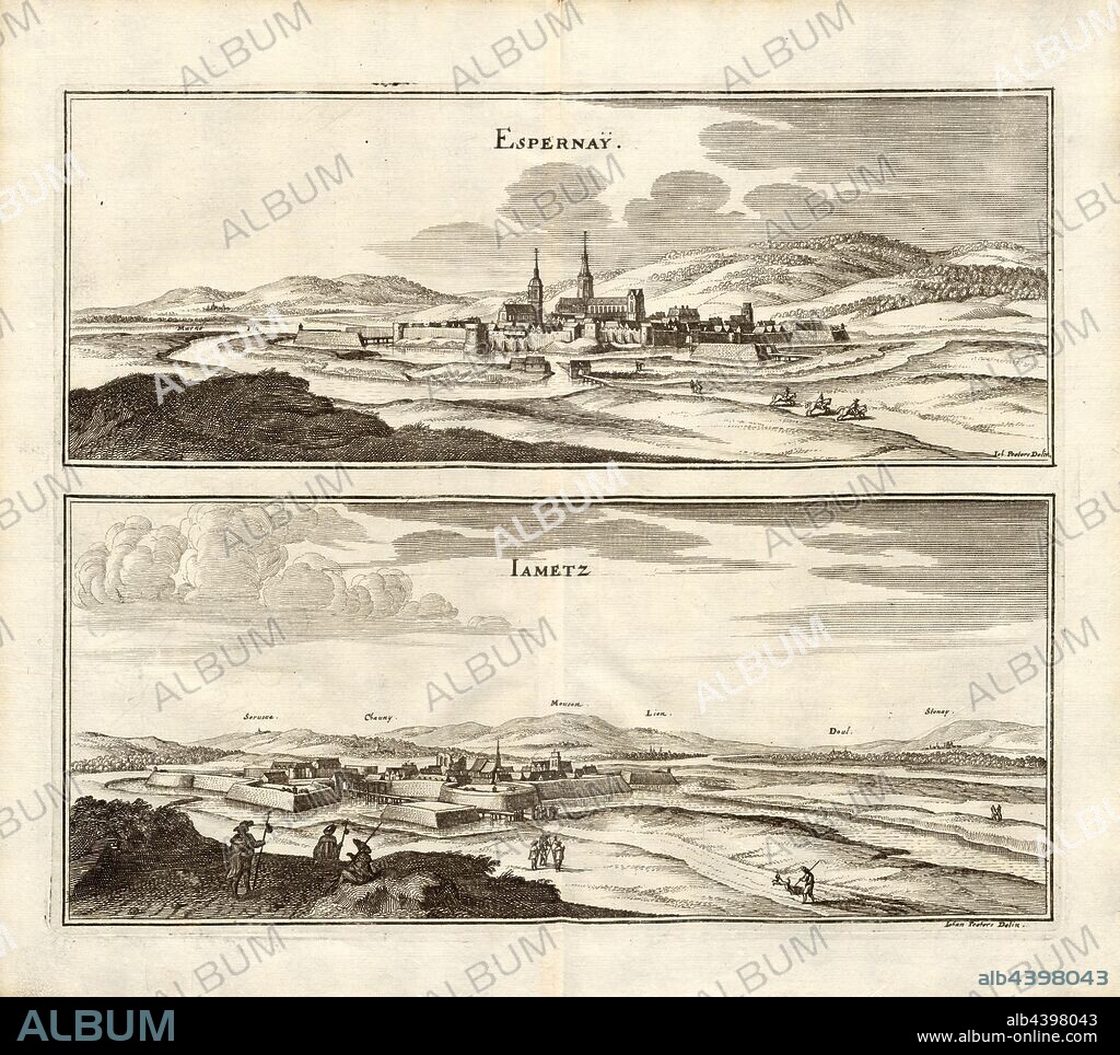 Espernay et Iametz, Épernay and Jametz in France, signed: Ioh., Peeters Delin, Fig. 45, Third Part, after p. 12, Peeters, Jacob (del.), Martin Zeiller: Topographia Galliae, oder, Beschreibung und Contrafaitung der vornehmbsten und bekantisten Oerter in dem mächtigen und grossen Königreich Franckreich: beedes auss eygner Erfahrung und den besten und berühmbtesten Scribenten so in underschiedlichen Spraachen davon aussgangen seyn auch auss erlangten Bericht- und Relationen von etlichen Jahren hero zusammengetragen in richtige Ordnung gebracht und auff begehren zum Druck verfertiget. Bd. 2. Frankfurt am Mayn: Im Verlag Caspar Merians, M DC LVI [1656].