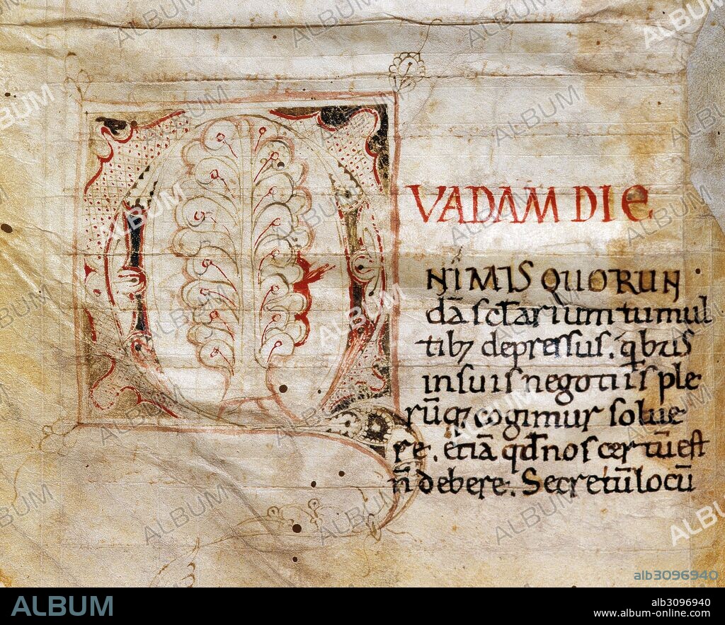 GREGORIO MAGNO, San (Roma, h.540-604). Papa entre los años 590 y 604. Fue el primero en hacer del obispo de Roma el de toda la cristiandad y superior a los patriarcas orientales. "OPERA PATRISTICA". Incunable. I Diálogos del beato Gregorio. Pergamino. Siglo XII-XIII. Contiene folios del I v. al 143. Letra capitular miniada. Folio nº 1, reverso. Manuscrito nº 231. Biblioteca Universitaria de Barcelona. Cataluña.