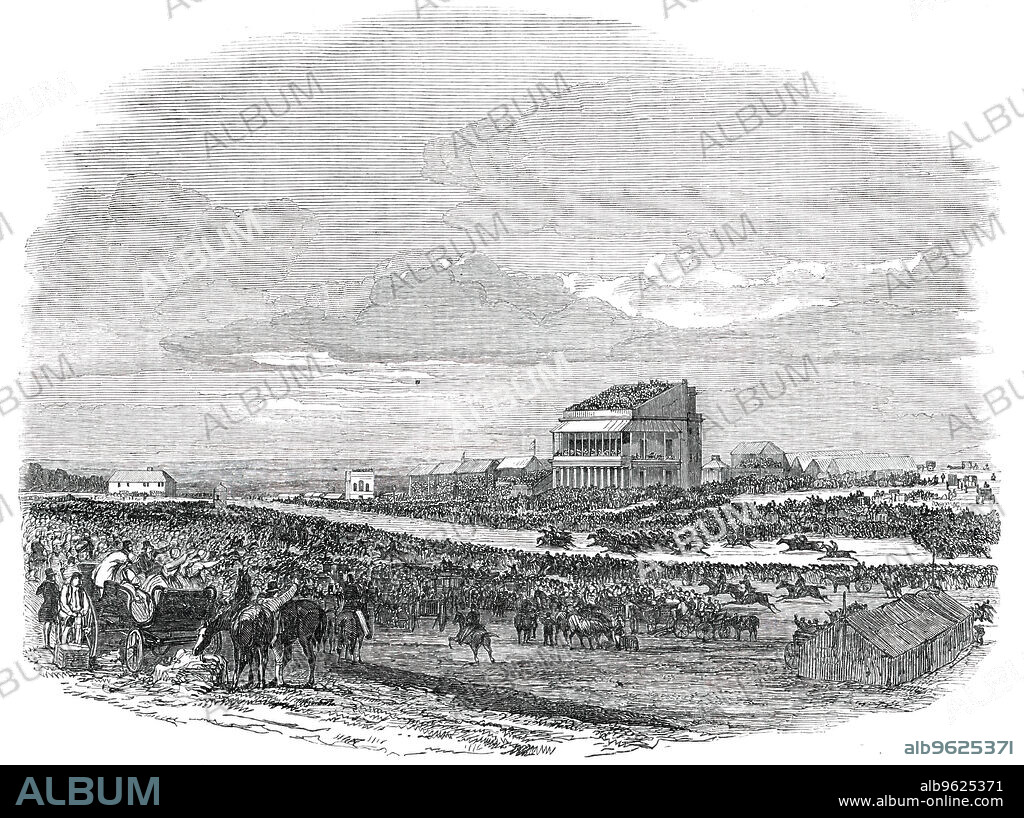 Epsom - the Race for "The Derby Stakes", 1850. Horse racing at Epsom in Surrey. 'Penang and Deicoon got away together, and, with the Nigger, Mildew, the Swede, and Ghillie Callum laid up, Voltigeur next, in company with Clincher, cut out the work to the mile-post, where Penang died away...They went on thus to the road, where Deicoon was beaten, and Mildew took the lead, Clincher and the Nigger waiting on him, Ghillie Callum and Cariboo next, and Pitsford, who laid off for the first half-mile, well up. Mildew was beaten at the distance, and Voltigeur and Clincher then singled themselves out, the former taking the lead opposite the stand, and running home a very easy winner by a length; Pitsford, who came opposite the stand, beating Clincher for the second money by half a length...The race was run in 2 mm. 50 sec'. From "Illustrated London News", 1850.