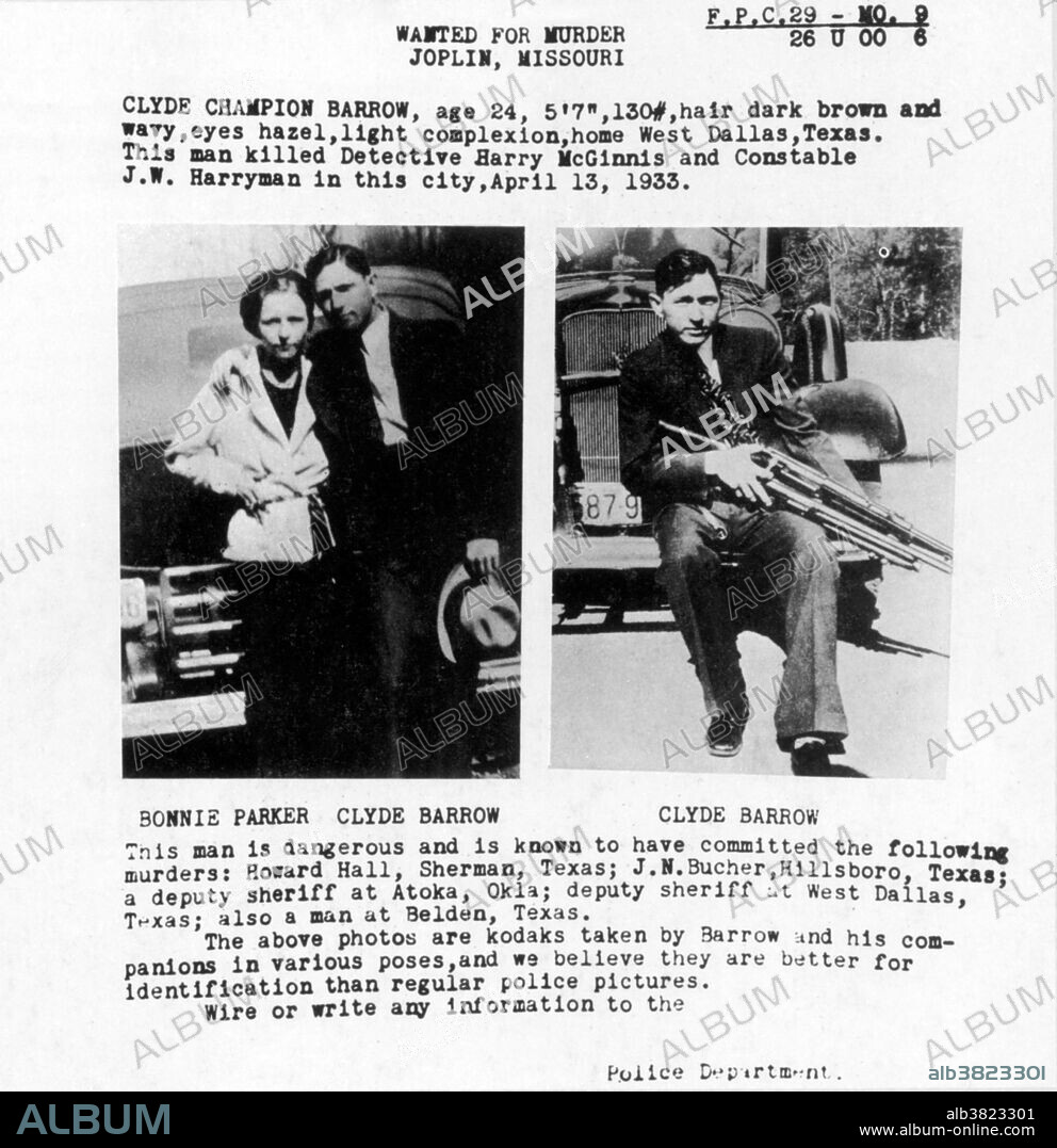 Bonnie Elizabeth Parker (October 1, 1910 - May 23, 1934) and Clyde Chestnut Barrow (March 24, 1909 - May 23, 1934) were American criminals who traveled the central US with their gang during the Great Depression, robbing and killing people. At times, the gang included Clyde's older brother Buck Barrow and his wife Blanche, Raymond Hamilton, W. D. Jones, Joe Palmer, Ralph Fults, and Henry Methvin. Their exploits captured the attention of the American public during the "Public Enemy Era" (1931-35). Though known today for his dozen-or-so bank robberies, Barrow preferred to rob small stores or rural gas stations. The gang is believed to have killed at least nine police officers and several civilians. In 1934 they ambushed and killed by law officers. Their bullet-riddled Ford became a popular traveling attraction displayed at fairs, amusement parks and flea markets for three decades, and became a fixture at a Nevada race track where it could be sat in for a dollar.