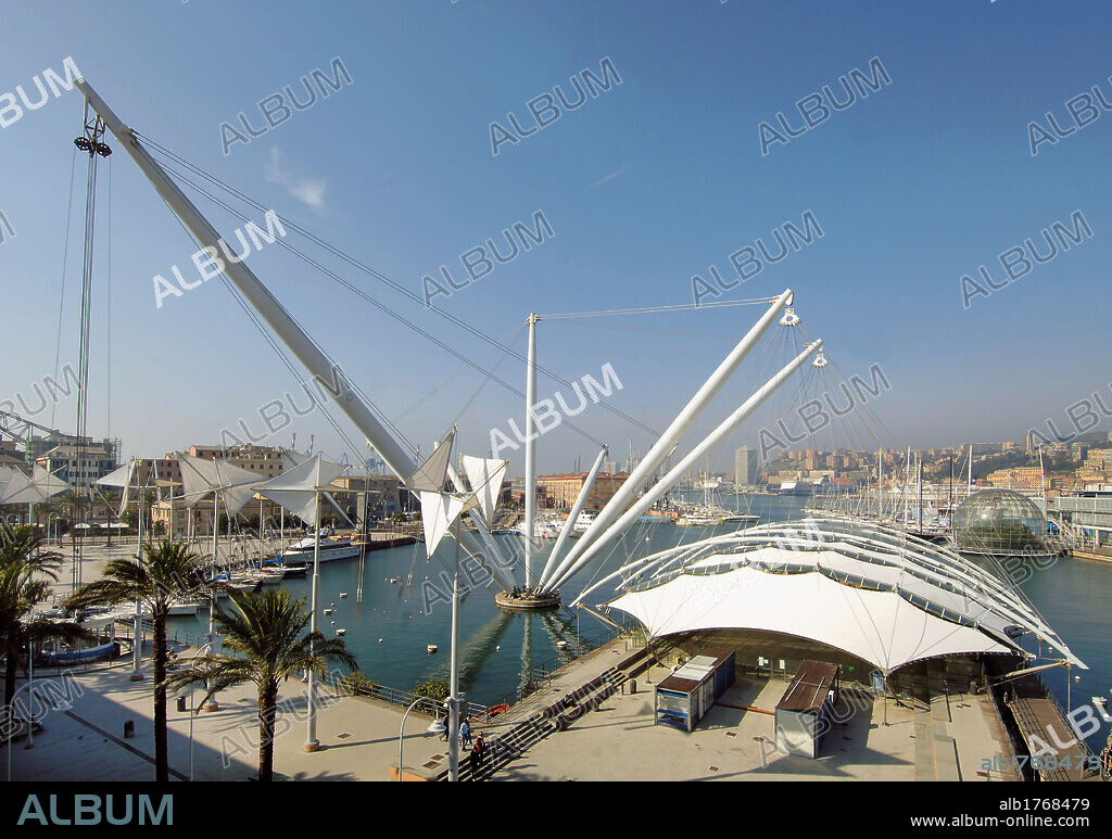 Genoa The Porto Antico (The old Harbor) with the Bigo, by Renzo Piano Building Workshop, 20th Century,. Italy, Liguria, Genoa, Porto Antico. View Porto Antico Bigo Genoa lift tensile structure.  Please remember that author's rights have to be cleared for modern and contemporary works of arts.