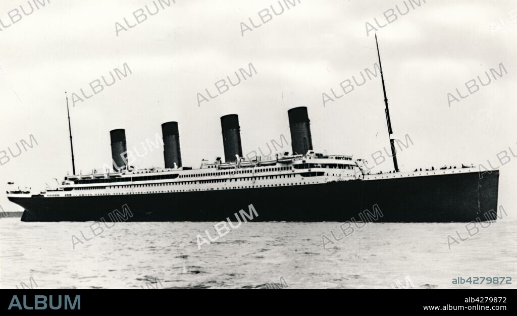 The RMS 'Titanic' leaving Southampton, 10 April 1912. Operated by the White Star Line, 'Titanic' was the largest and most luxurious ocean liner of her time, and thought to be unsinkable. During her maiden voyage, bound for New York, she struck an iceberg in thick fog off Newfoundland on 14 April 1912. In the collision five of her watertight compartments were compromised and she sank. Out of the 2228 people on board, only 705 survived. A major cause of the loss of life was the insufficient number of lifeboats she carried. Postcard.