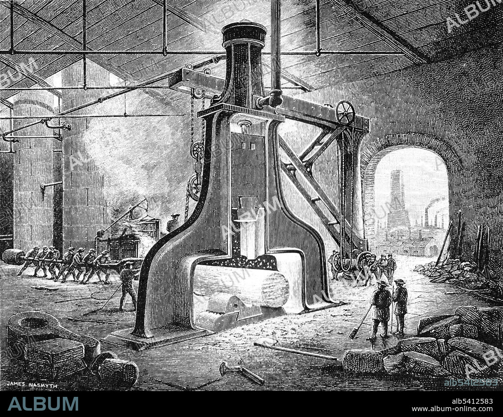 James Hall Nasmyth (August 19, 1808 - May 7, 1890) was a Scottish engineer. In 1836, he and his business partner Holbrook Gaskell opened the Bridgewater Foundry, where they concentrated on producing a wide range of machine tools in large numbers. In 1842 Nasmyth patented this steam hammer. A key feature of his machine was that the operator controlled the force of each blow. He enjoyed demonstrating how it could first break an egg placed in a wine glass, without breaking the glass, which was followed by a full-force blow which shook the building. He applied the principle of his steam hammer to a pile-driving machine which he invented in 1843. He also created several other important machine tools, including the shaper, an adaptation of the planer which is still used in tool and die making. Another innovation was a hydraulic press which used water pressure to force tight-fitting machine parts together. All of these machines became popular in manufacturing, and all are still in use in modified form. He retired from business in 1856 at the age of 48. He was happily married for 50 years. They had no children. He died in 1890 at the age of 81. Engraver not credited, based on painting by James Nasmyth, undated.