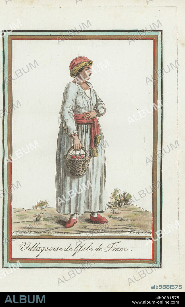 Woman villager of the island of Tinos or stendil, Ottoman Empire. In turban, long robe, sash belt, carrying a basket of fruit. Greek island of the Cyclades. Villageoise de l'isle de Tinne. Handcoloured copperplate engraving by J. Laroque after a design by Jacques Grasset de Saint-Sauveur from his Encyclopedie des voyages, Encyclopedia of Voyages, Bordeaux, France, 1792.