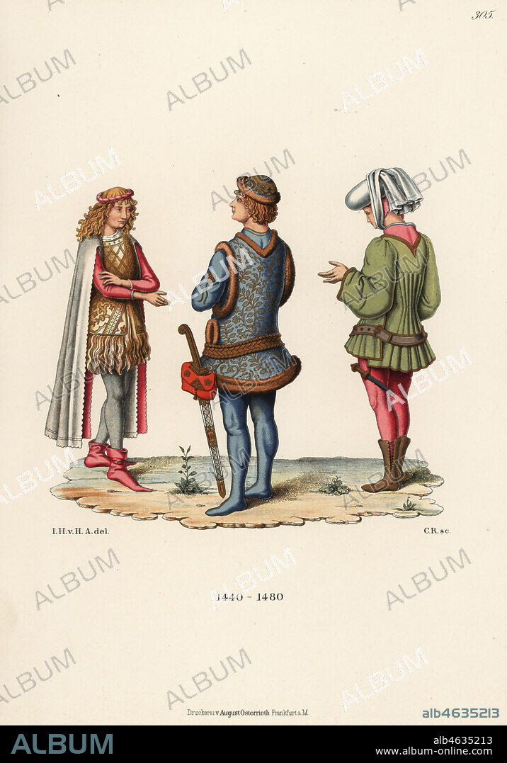 Mens costumes of the mid 15th century. Young man in doublet with long sleeves from a Saxon lineage book, nobleman in costume of the Lower Rhine from a painting in the Van Eyck school, and Italian fashion of the Pietro Perugino era from a Berlin copperplate collection. Chromolithograph from Hefner-Alteneck's Costumes, Artworks and Appliances from the Middle Ages to the 17th Century, Frankfurt, 1889. Illustration by Dr. Jakob Heinrich von Hefner-Alteneck, lithographed by C.R. Dr. Hefner-Alteneck (1811 - 1903) was a German museum curator, archaeologist, art historian, illustrator and etcher.