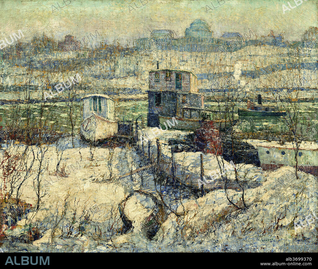 ERNEST LAWSON. Boathouse, Winter, Harlem River. Dated: c. 1916. Dimensions: overall: 102.55 × 127 cm (40 3/8 × 50 in.)  framed: 141.61 × 166.37 cm (55 3/4 × 65 1/2 in.). Medium: oil on canvas.