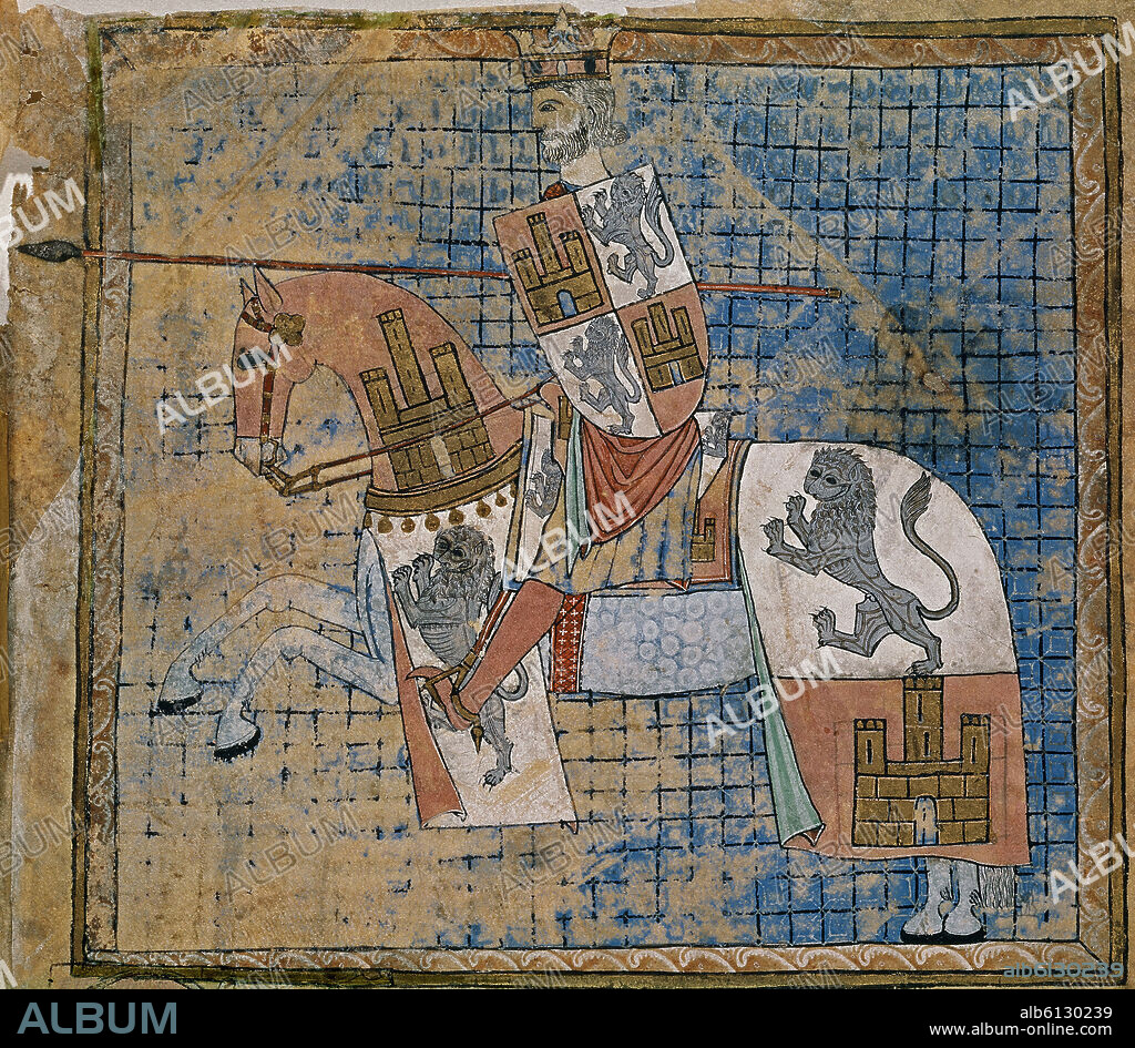 ALFONSO X EL SABIO CON LAS ARMAS DE LEON Y CASTILLA - TUMBO A - FOL 71- SIGLO XIII.