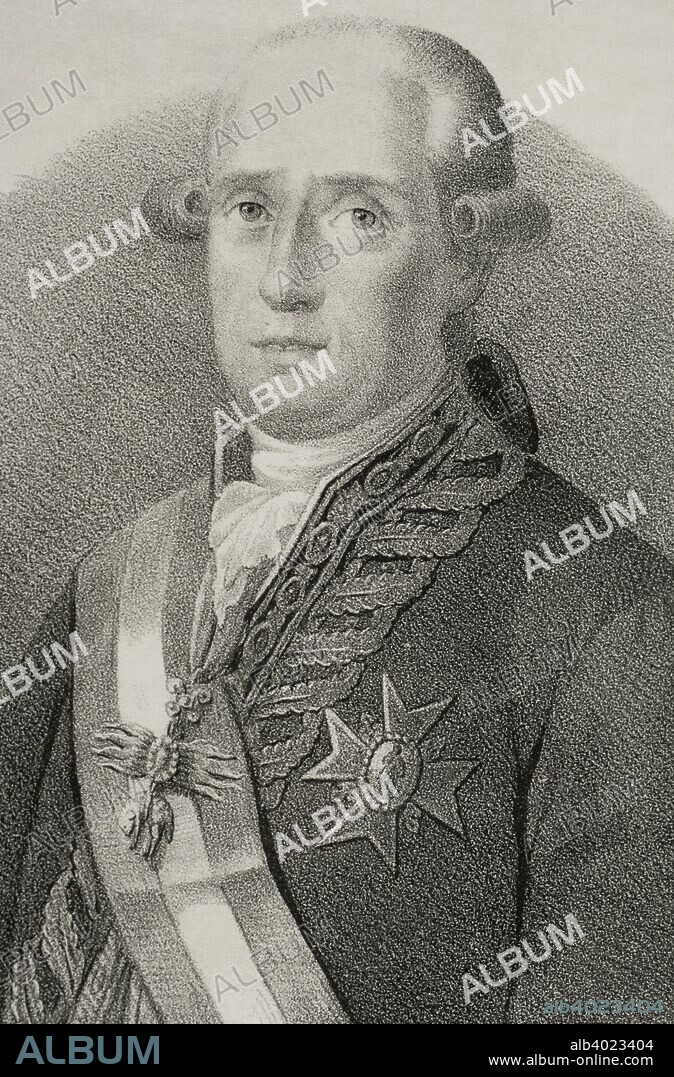 Jose Mo–ino y Redondo, 1st Count of Floridablanca (1728-1808). Spanish statesman. Lithography. Detail. Drawing by Llanta.  Cronica General de Espa–a, Historia Ilustrada y Descriptiva de sus Provincias. Murcia, 1870.
