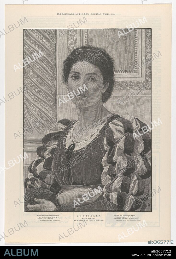 Graziella, from "Illustrated London News" Christmas number. Artist: After Charles Edward Perugini (British, Naples, Italy 1839-1918 London). Dimensions: Sheet: 16 1/8 × 11 5/16 in. (40.9 × 28.7 cm). Date: December 6, 1886.
This wood engraving after a painting by Perugini shows a beautiful woman in Renaissance dress standing before a column and wall decorated with Cosmatesque mosaics. Born in Naples, Perugini moved to England as a youth, then returned to Rome to trained as an artist, moving on to Paris to study with Ary Scheffer. Frederic Leighton recognized his talent and encouraged him to return to London in 1863 where he pursued a successful career painting figures in historical settings, and married Kate, the daughter of Charles Dickens, in 1874.
