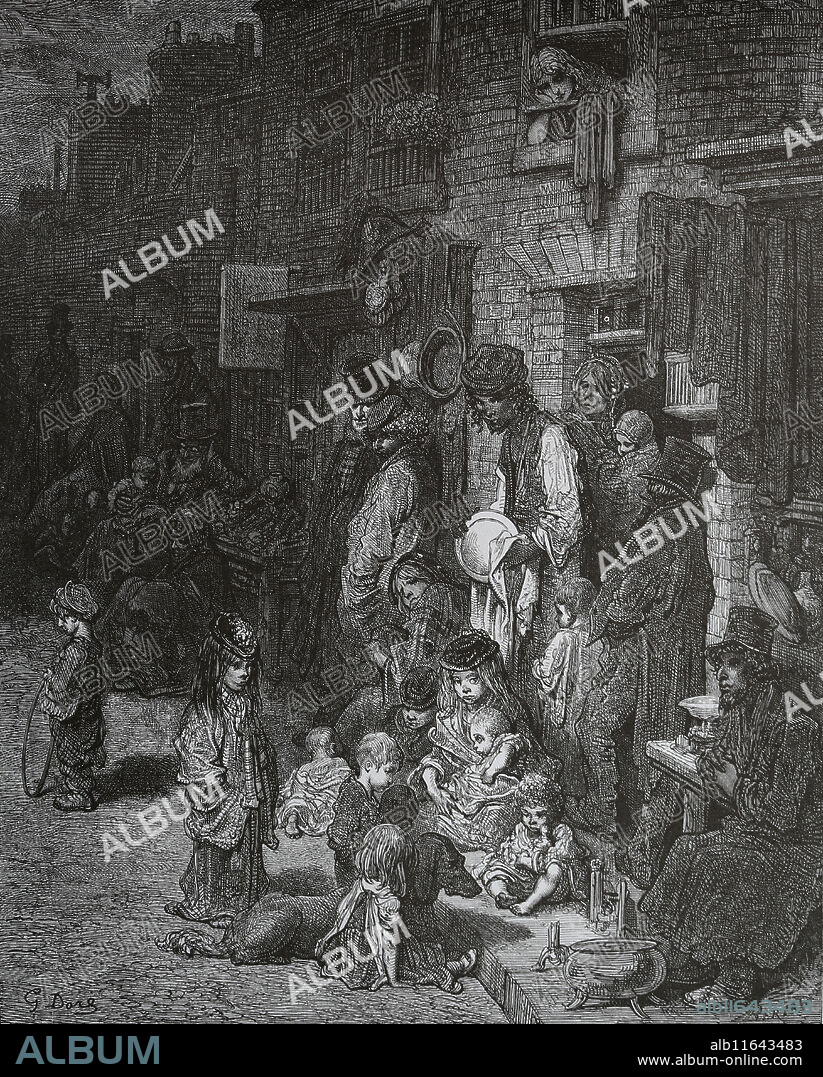GUSTAVE DORÉ. United Kingdom. London. Whitechapel. Neighborhood of working class. Engraving by Gustave Dore, London; A Pilgrimage. 19th c.