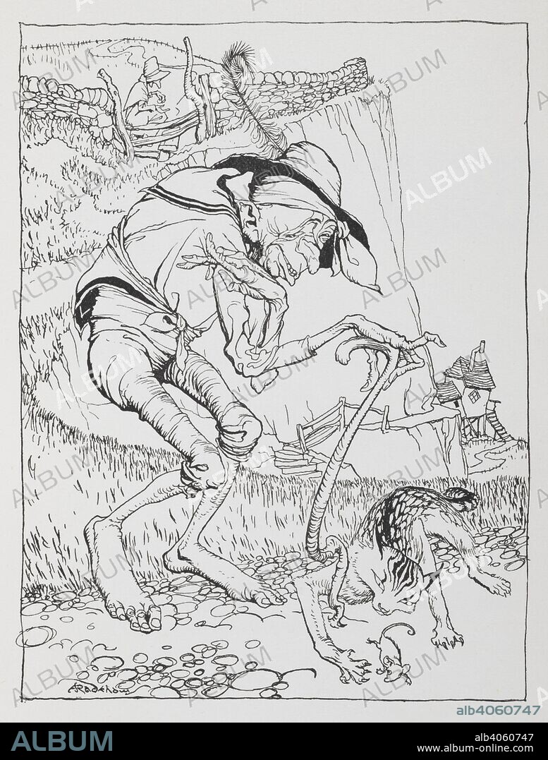 An old crooked man with his crooked cat and crooked house. Mother Goose. The old nursery rhymes. Illustrated by Arthur Rackham. London : William Heinemann, [1913.]. Source: 11646.h.32. page 89.