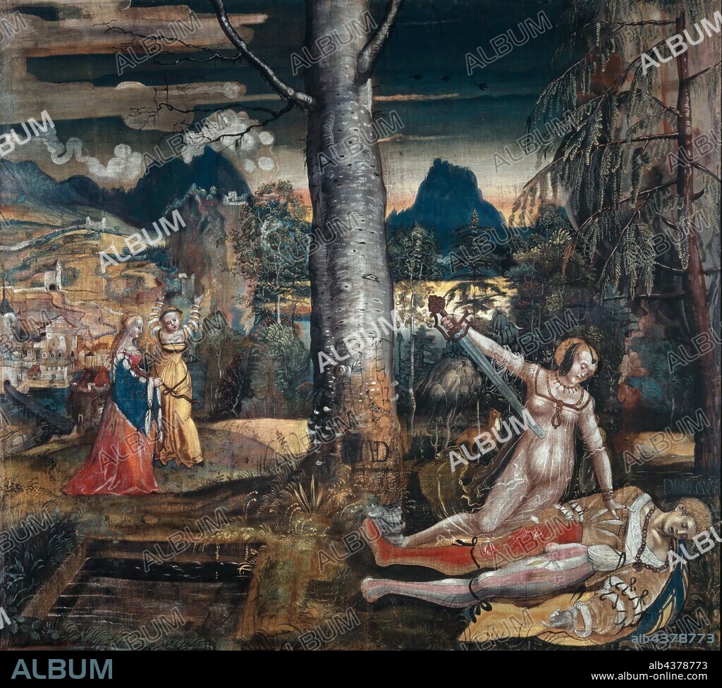 Pyramus and Thisbe, around 1513/14, mixed technique on canvas (small linen painting), 151.5 x 161 cm, monogrammed on a tree trunk: NM • D • with lying dagger., The figures indicate: TISPE, PIRAMVS (later incorrectly painted over in PRIAMVS), on the left thigh of the pyramid: E B, Niklaus Manuel gen. Deutsch, Bern um 1484–1530 Bern.