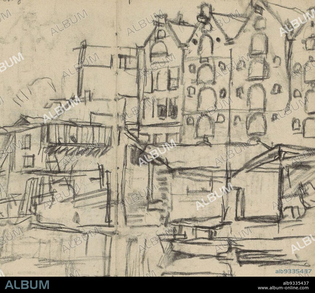 View of Prinseneiland in Amsterdam, possibly seen from the Sloterdijk bridge. Page 77 and page 78 from a sketchbook with 46 pages made in Amsterdam and Haarlem, Prinseneiland in Amsterdam, possibly seen from the Sloterdijkbrug., draughtsman: George Hendrik Breitner, Amsterdam, c. 1906 - 1923, George Hendrik Breitner, c. 1906 - 1923.