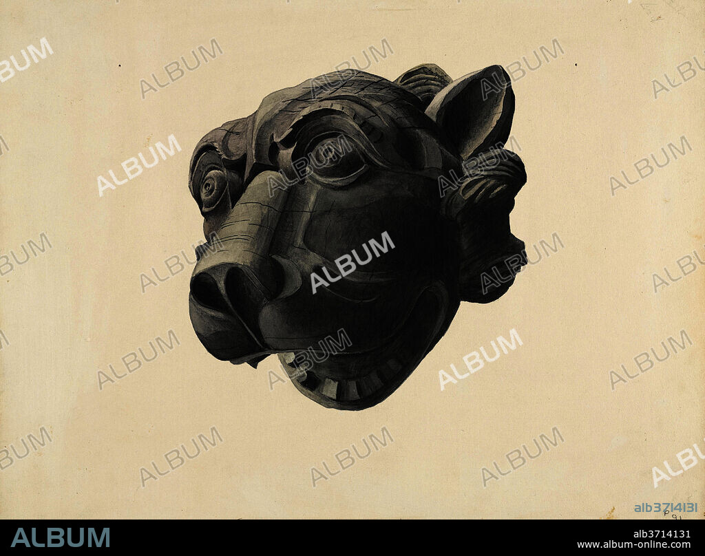 ALTON K. SKILLIN. Carved Cat Head Gargoyle. Dated: c. 1936. Dimensions: overall: 27.8 x 35.6 cm (10 15/16 x 14 in.)  Original IAD Object: 8 1/2" high; 10 1/2" wide. Medium: watercolor and graphite on paperboard.