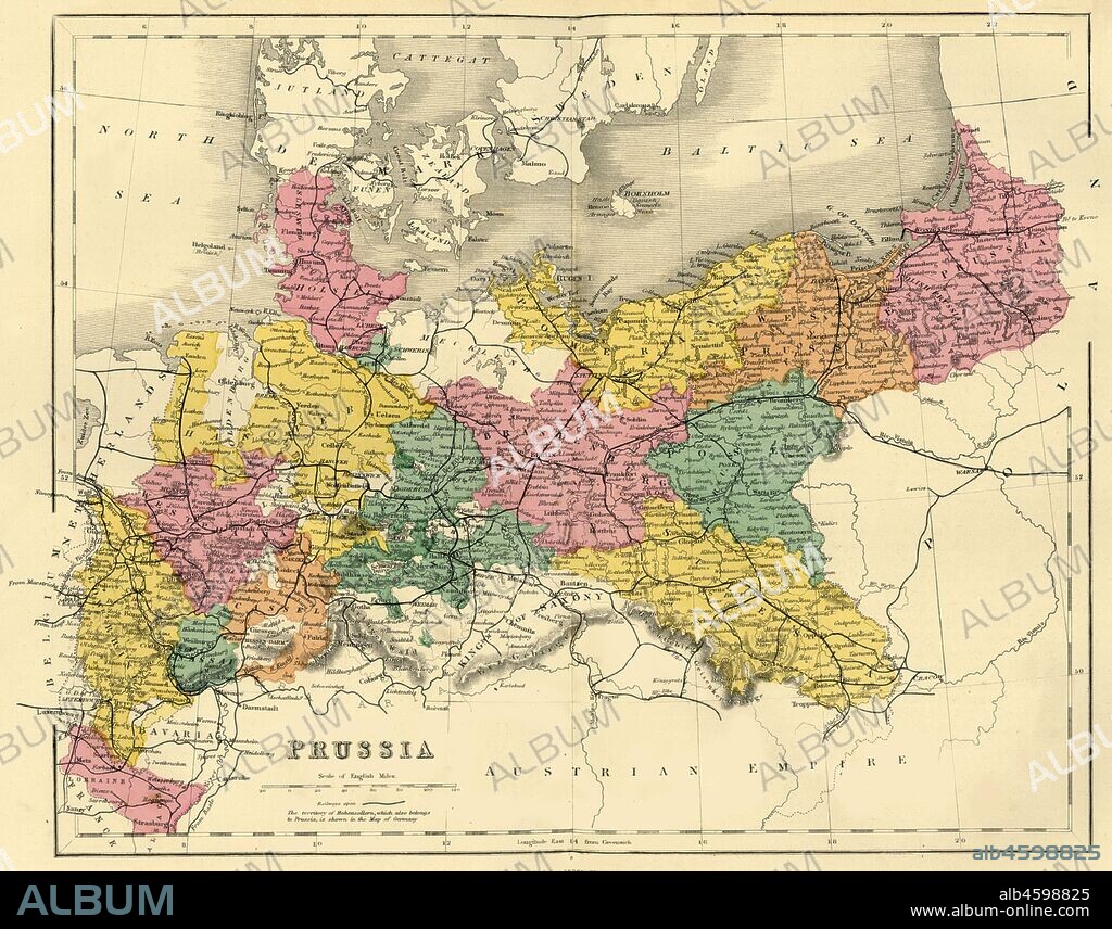 Map of Prussia, c1872. Showing the various regions including Holstein, Hanover, Westphalia, Lower Rhine, Lorraine, Nassau, Cassel, Saxony, Brandedburg, Silesia, Pomerania, West Prussia, East Prussia and Posen. From "The Franco-Prussian War: its causes, incidents and consequences", Volume I, by Captain H M Hozier. [William Mackenzie, London, 1872].