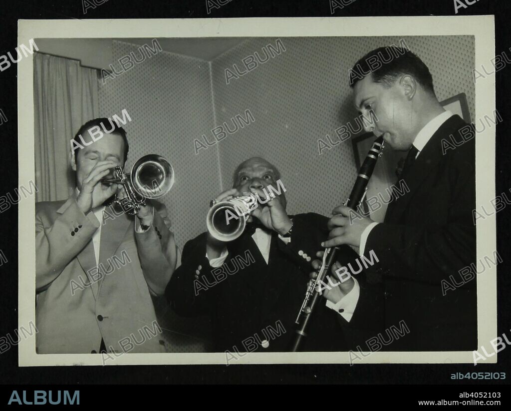 Humphrey Lyttelton (trumpet), Sidney Bechet (soprano saxophone) and unknown clarinetist, Colston Hall, Bristol, 1956.