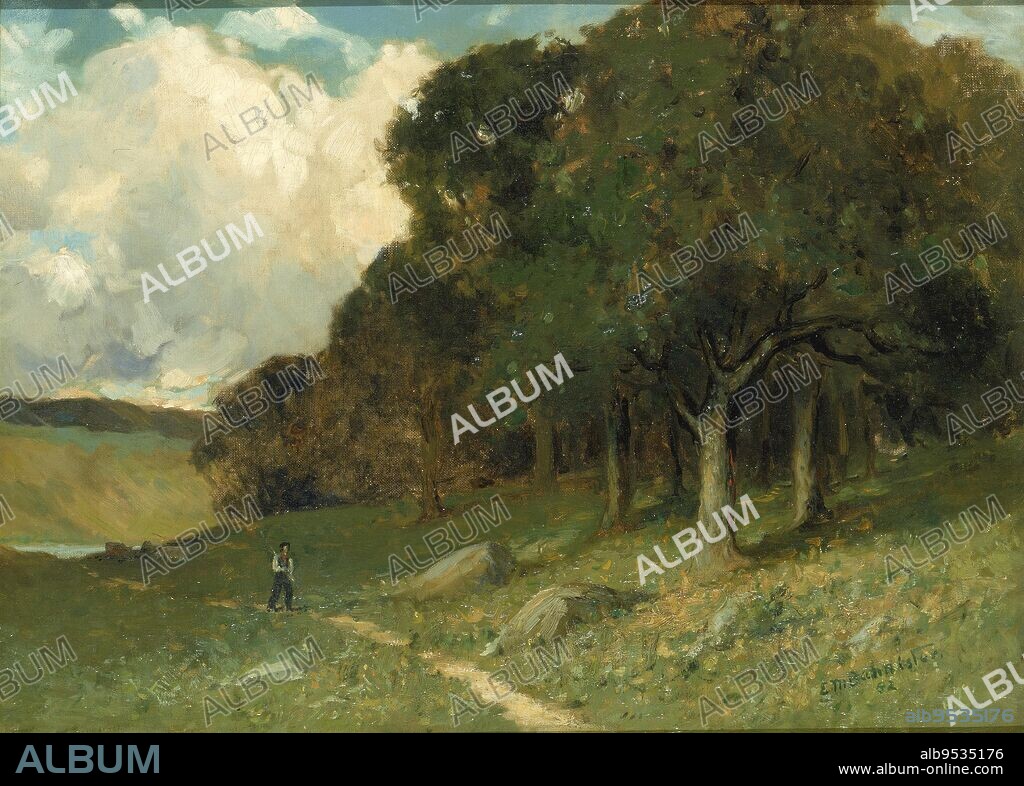 EDWARD MITCHELL BANNISTER. Untitled (man on path with trees in background). Date: 1882. oil on canvas.