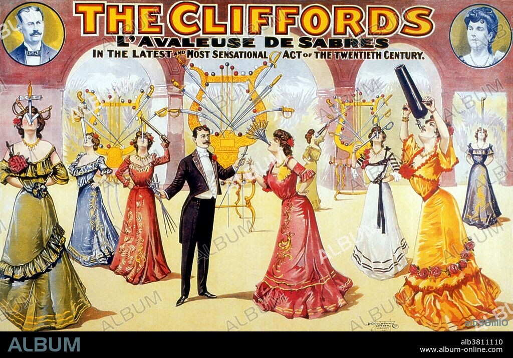 Edith Clifford (1886 - 1942) began her career in 1899 after being trained by the veteran one-legged sword swallower Deln Ritz. She debuted with one of the Ringling Brothers' touring shows at the age of 13. Her act would change and evolve over the years, but it eventually came to include swallowing razors, scissors, bayonets, curved blades, and up to 13 swords at once, with blades up to 26 inches long. Her big finale went out with a literal bang, consisting of a full-length bayonet fired down her throat using a cannon. Her first marriage was to a human oddity, an "elastic skin" man by the name of Jim Maurice (James Morris), since she was the bigger box office draw they were billed as "the Cliffords." After he passed away in 1911, she married Karl Bauer, a trapeze artist, who grounded his own career to work as her assistant. In a career spanning over 20 years, she toured the world playing to royalty, celebrities, and sold-out crowds; risking injury or even death with each performance. She retired in 1922, moving to Canton, Ohio, and running a local grocery store with her husband. She died in 1942. Sword swallowing remains one of the world's rarest performance skills. Poster dated 1901.